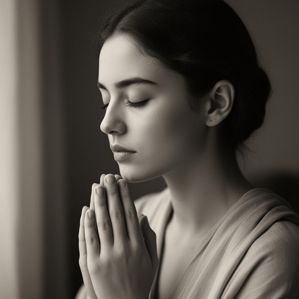 Black and white portrait of a woman in prayer